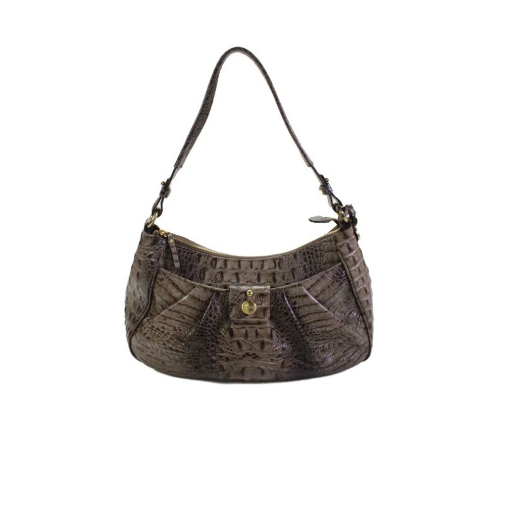 Brahmin Womens Crocodile Print Pleated Front Shoulder Handbag Brown
